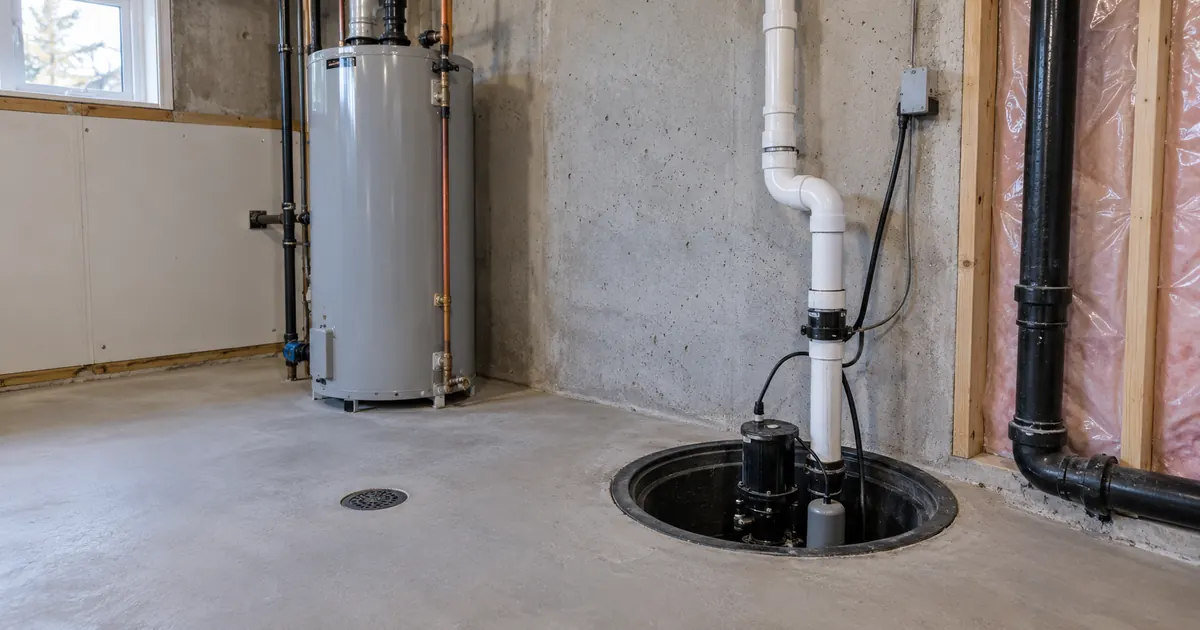 Basement utility area with visible sump equipment and floor-drain access.