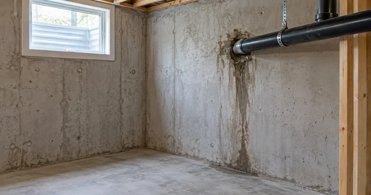 Localized damp staining below a pipe penetration through a concrete wall.