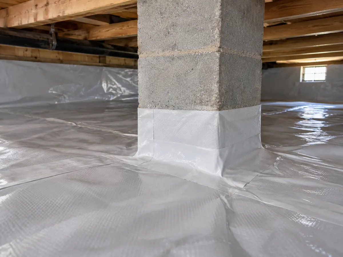 Sealed liner seam around a crawl-space support pier.