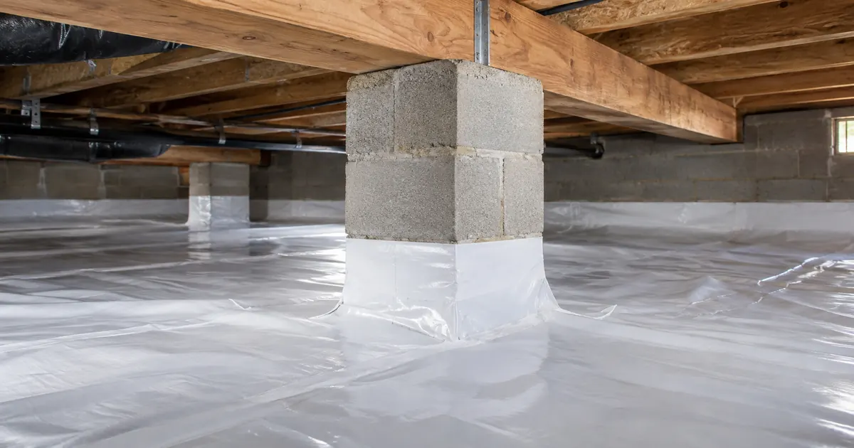 Ground-vapour liner sealed around a masonry crawl-space pier.