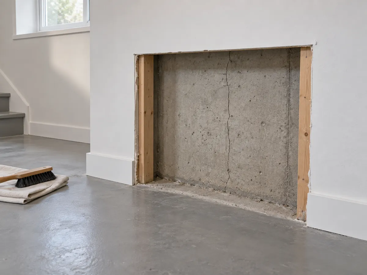 Opening in a finished basement wall exposing a concrete foundation crack.