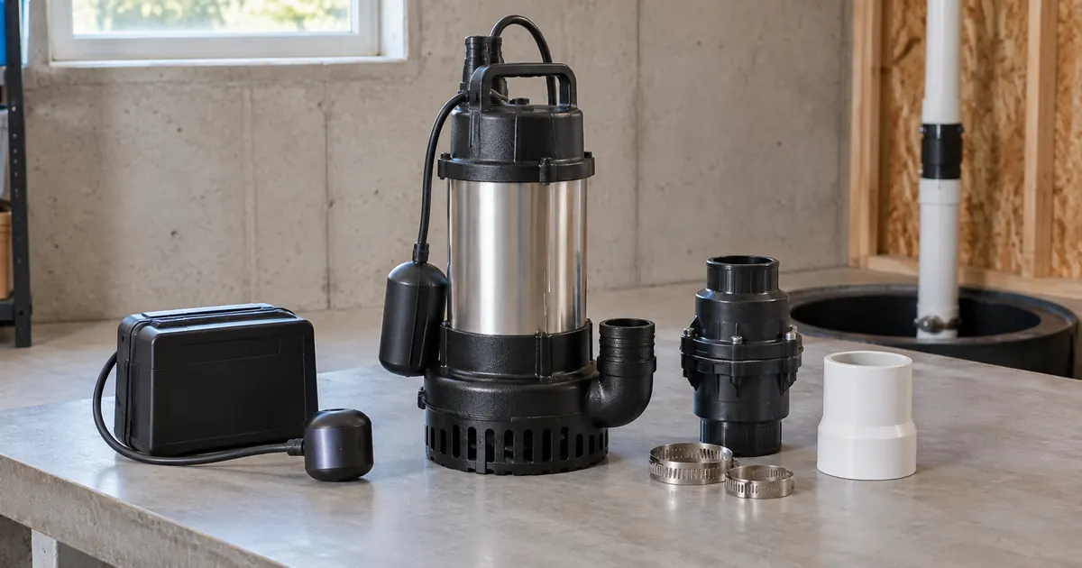 Sump pump, check-valve parts and alarm components on a dry workbench.