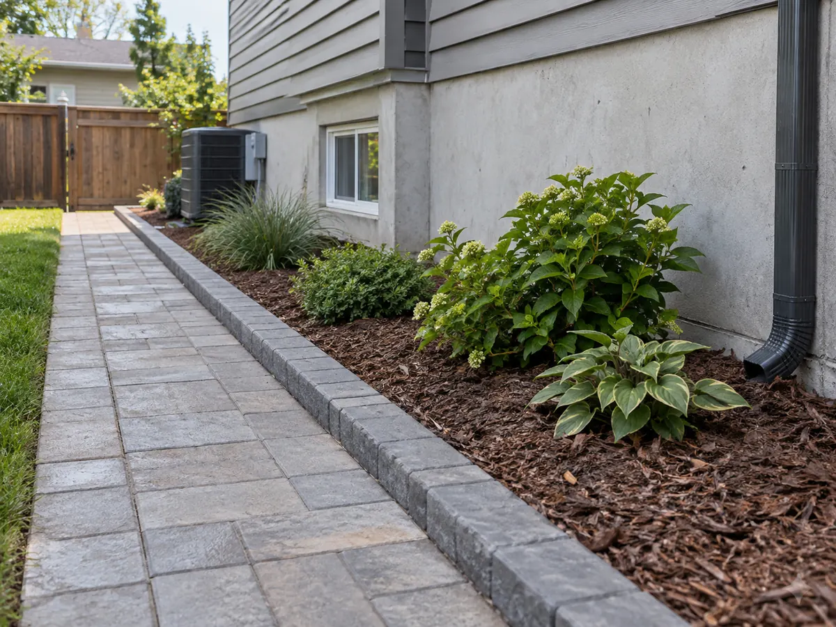 Paving and planted surfaces beside a foundation access area.