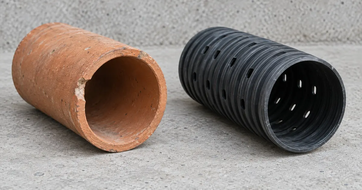 Older terracotta drainage tile beside a modern perforated drainage pipe.