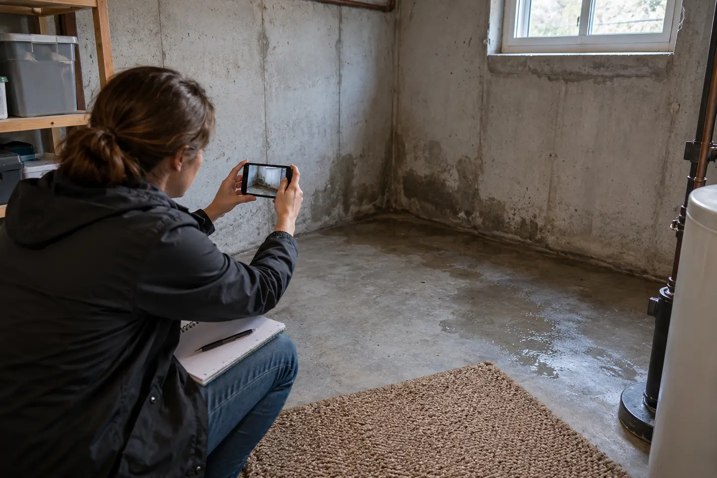 Homeowner safely photographing a damp basement area after rain.