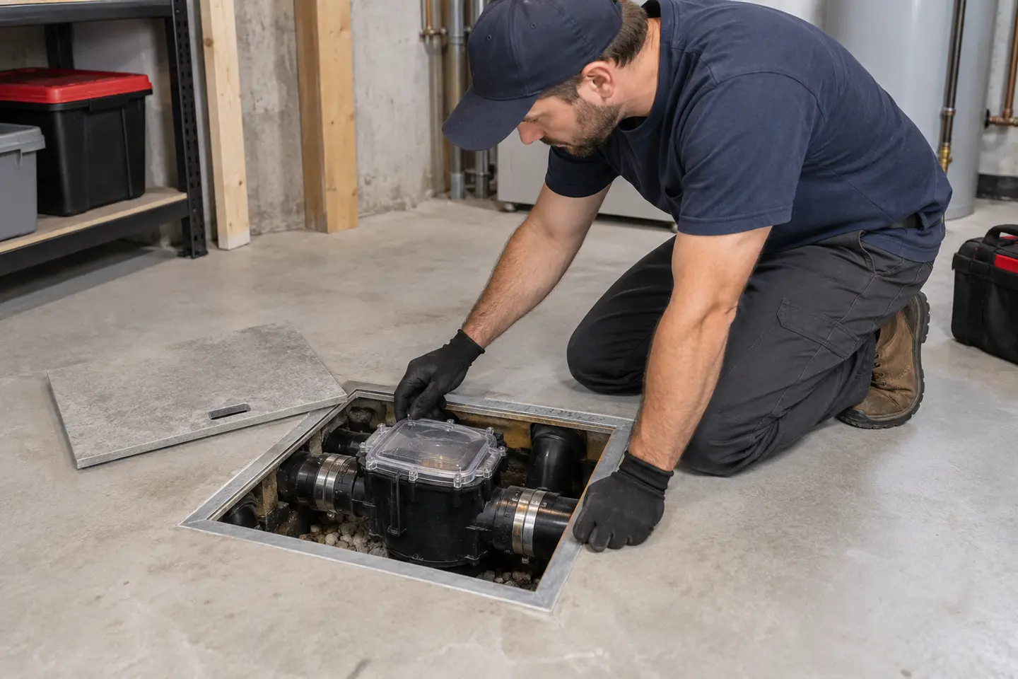 Plumber inspecting an accessible basement backwater valve.