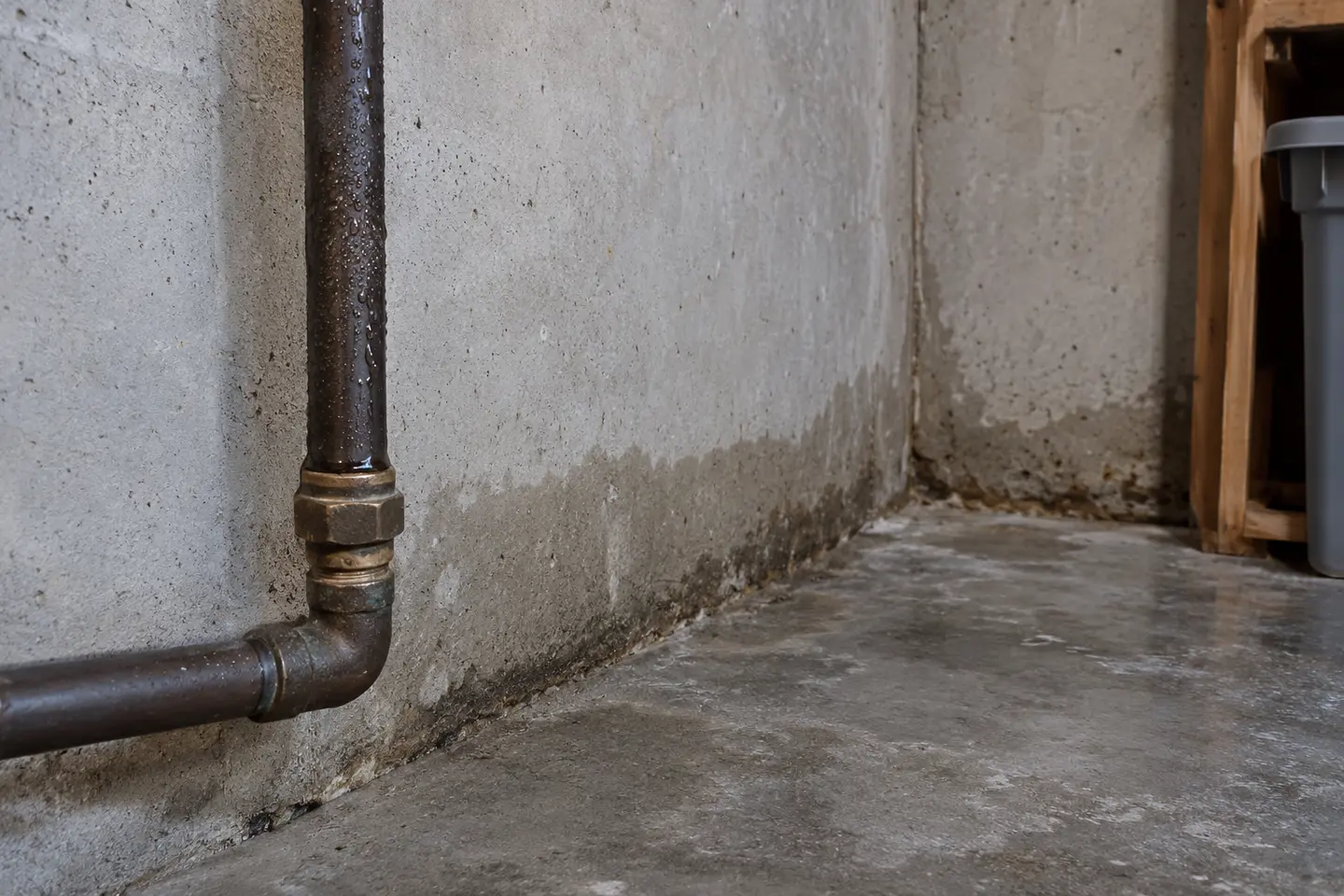 Condensation and damp staining in a basement corner.
