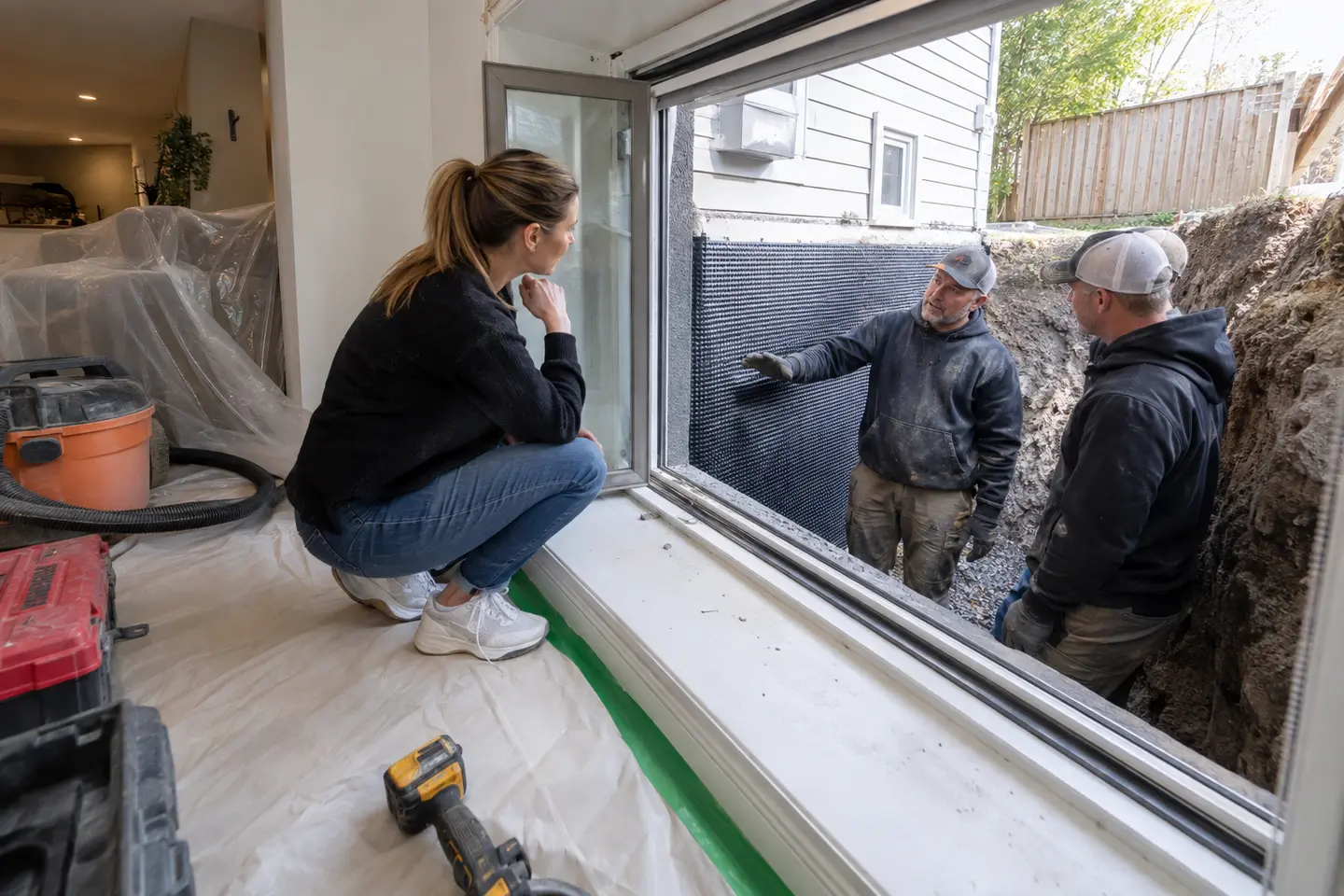 Interior protection and exterior foundation access during waterproofing work.