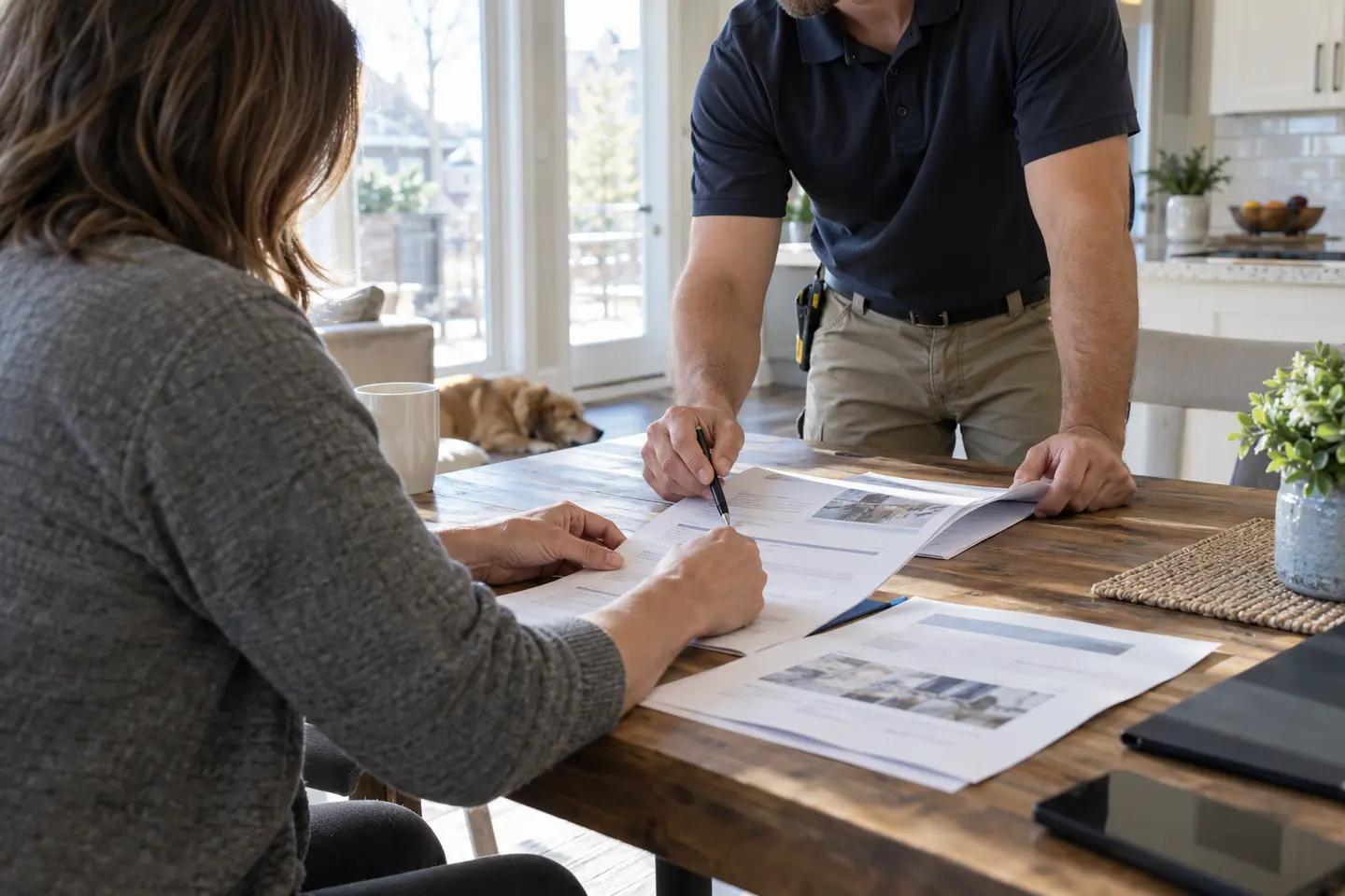 Homeowner reviewing basement drainage estimates and municipal program paperwork.