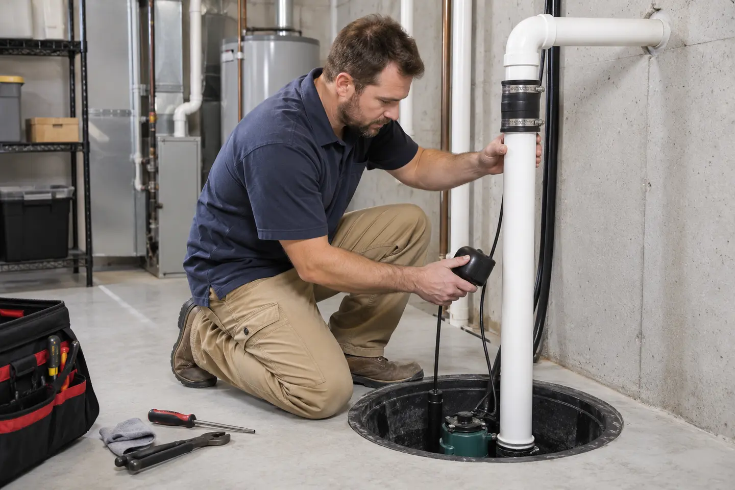 Technician checking sump pump controls and discharge piping.