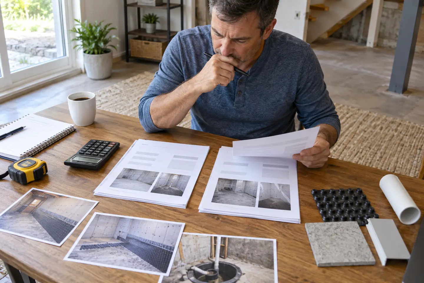 Homeowner comparing waterproofing proposals, measurements and material samples.